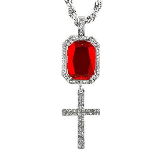 Iced Mini Cross Color Stone Pendant with 3mm Rope Chain 24" - HC-309**