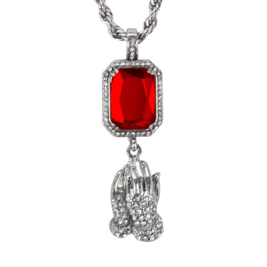 Iced Mini Praying Hands Color Stone Pendant with 3mm Rope Chain 24" - HC-301**
