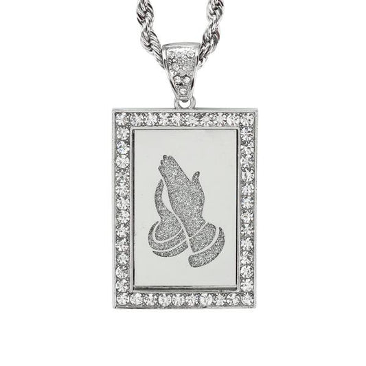 Iced Large Praying Hand Pendant with 8mm Rope Chain 24" - HC-4057**