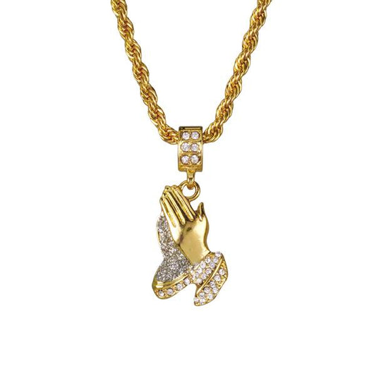 Iced Medium Praying Hands Pendant with 4mm Rope Chain 24" - HC-109*