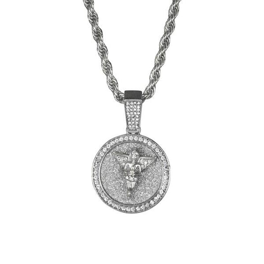 Iced Medium Angel Pendant with 4mm Rope Chain 24" - HC-114