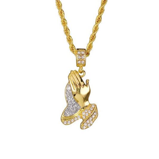 Iced Medium Praying Hands Pendant with 4mm Rope Chain 24" - HC-110*
