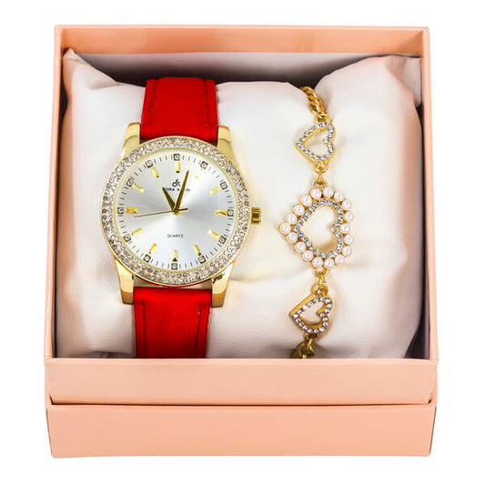 Ladies Leather Watch and Heart Bracelet Set - LWBR-902