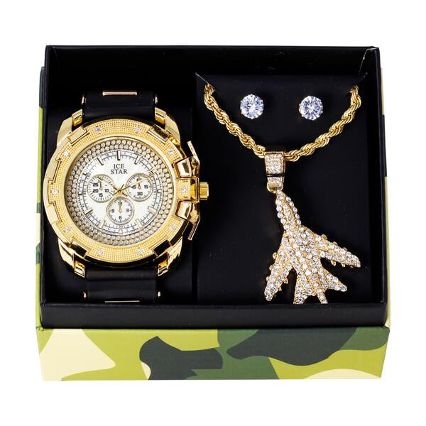 Watch and Army Jet Necklace Set with Earrings - W1K-163