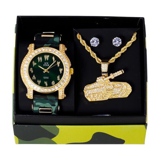 Watch and Camo Tank Necklace with Earrings Gift Set - W1K-165