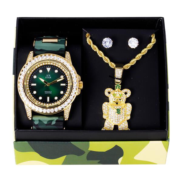 Watch and Teddy Bear Necklace with Earrings Gift Set - W1K-166