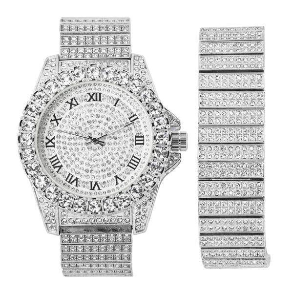 Urban Iced-Out Full Stone 34mm Metal Band Watch & Bracelet Set - 9674X-WB