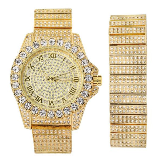 Urban Iced-Out Full Stone 34mm Metal Band Watch & Bracelet Set - 9674X-WB