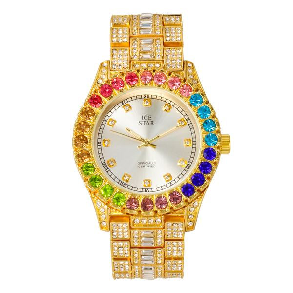 Iced-Out Rainbow Dial 44mm Metal Band Watch - 9688B-MB