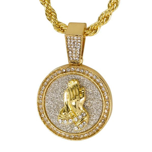Iced Medium Praying Hands Pendant with 4mm Rope Chain 24" - HC-112