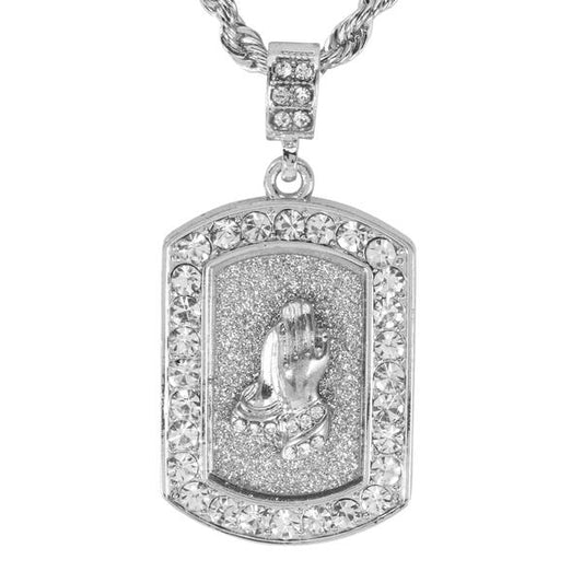 Iced Medium Praying Hands Pendant with 4mm Rope Chain 24" - HC-3152*