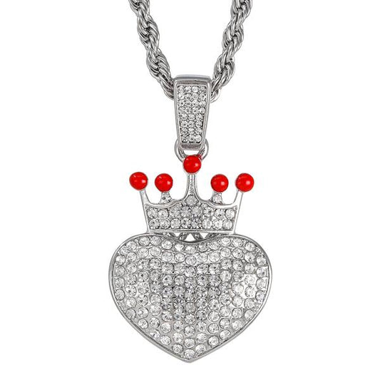 Iced Medium Heart Crown Pendant with 4mm Rope Chain 24" - HC-1393
