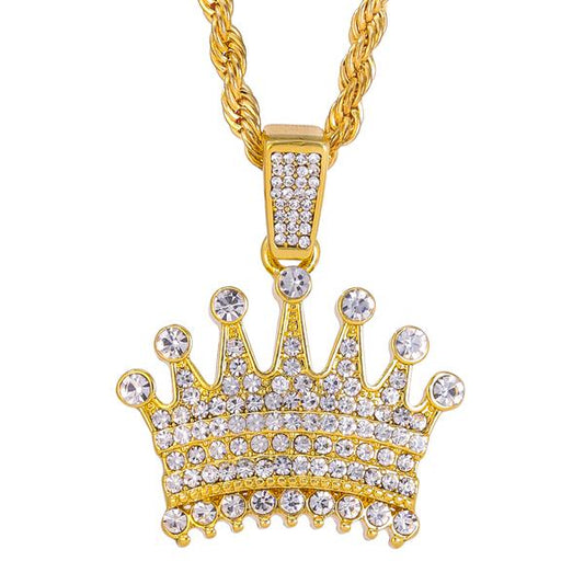 Iced Medium Crown Pendant with 4mm Rope Chain 24" - HC-1396