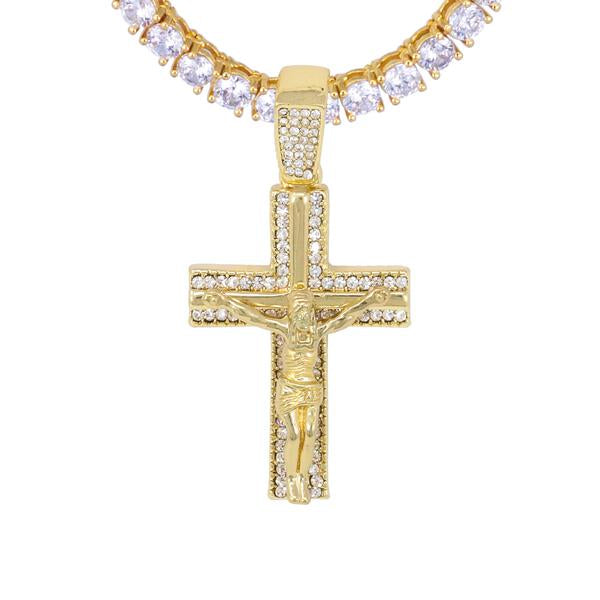 Iced Medium Cross Pendant with 3.5mm Tennis Chain 24" - HS-81042