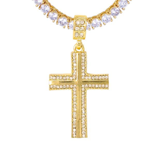 Iced Medium Cross Pendant with 3.5mm Tennis Chain 24" - HS-81041