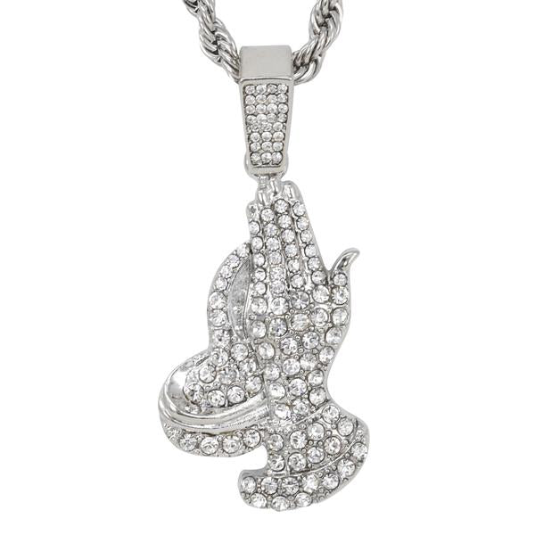 Iced Medium Praying Hands Pendant with 4mm Rope Chain - CRDHC1-1388G
