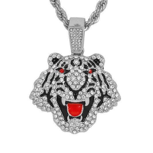 Iced Medium Tiger Pendant with 4mm Rope Chain - CRDHC1-1349G