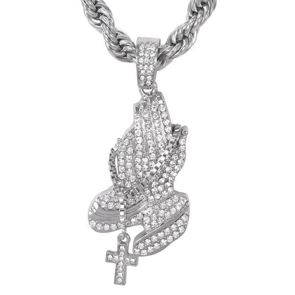 Iced Large Praying Hands Pendant with 8mm Rope Chain - CRDHC8-8002S