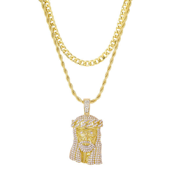 2on Iced Jesus Necklace with 6mm Solid Cuban Chain - CRDL11-8003