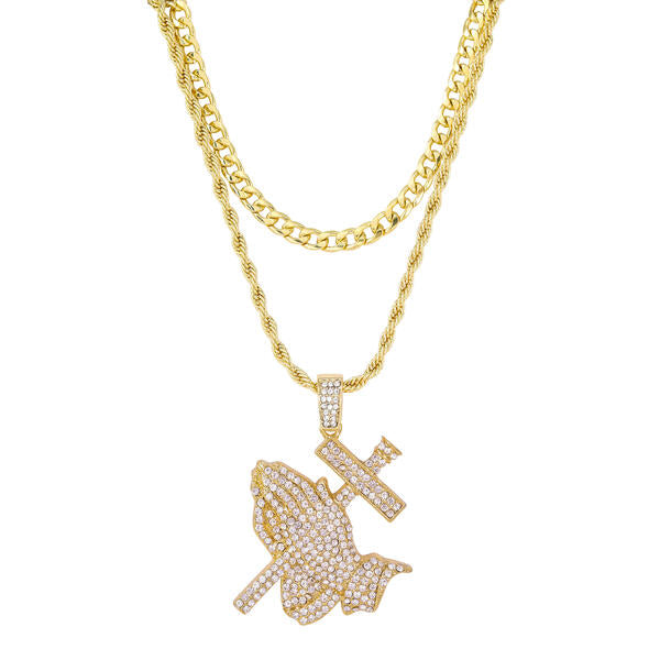 2on Iced Praying Hands Necklace with 6mm Solid Cuban Chain - CRDL11-8011