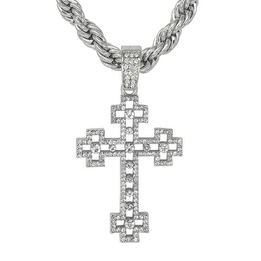 Iced Large Cross Pendant with 8mm Rope Chain 24" - RC-5012