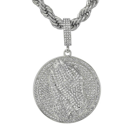 Iced Large Praying Hand Medallion Pendant with 8mm Rope Chain 24" - RC-5303