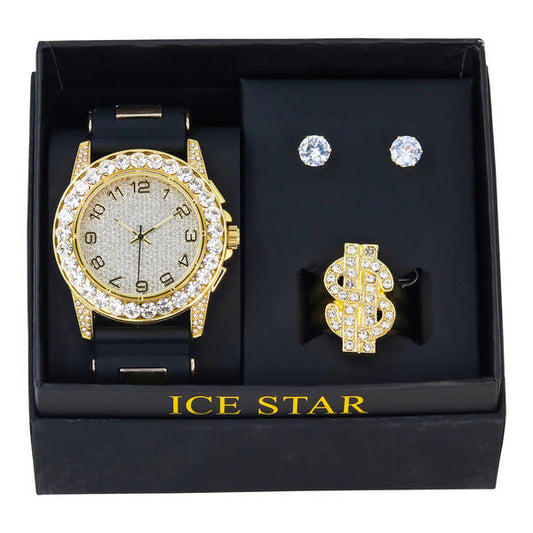 Watch and Iced Out Ring with Earrings Gift Set - WRE-ST-002
