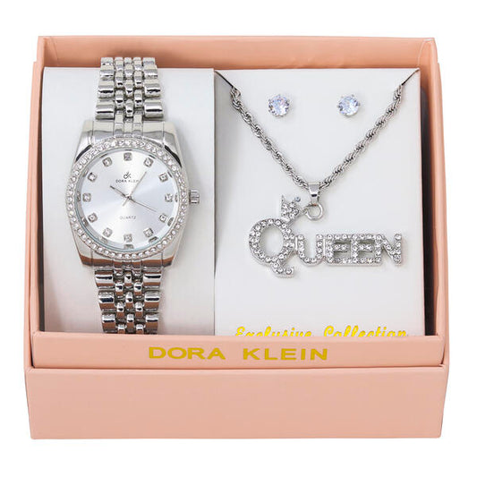 Ladies Metal Band Watch and Queen Necklace Set - LW1K-103