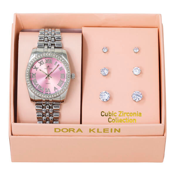 Ladies Metal Band Watch and Round 3on Studs Set - LW3ER-101