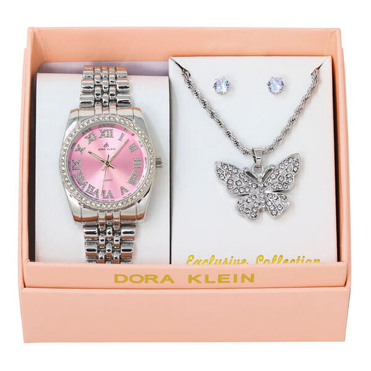 Ladies Metal Band Watch and Butterfly Necklace Set - LW1K-101