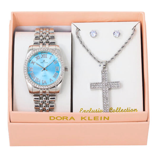 Ladies Metal Band Watch and Cross Necklace Set - LW1K-102