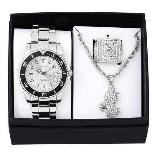 Metal Band Watches w/Necklace and Ring Gift-Set - W1K3-002