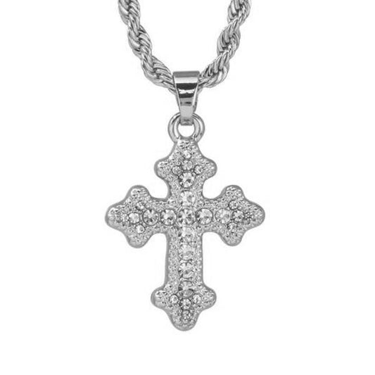 Iced Mini Cross Pendant with 3mm Rope Chain 24" - HC-411