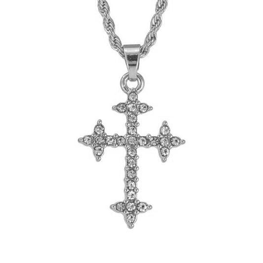Iced Mini Cross Pendant with 3mm Rope Chain 24" - HC-407