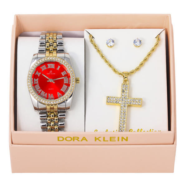 Ladies Metal Band Watch and Cross Necklace Set - LW1K-102