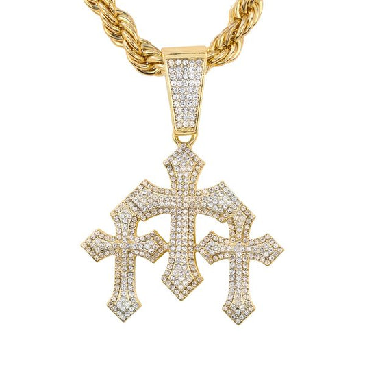 Large Iced Triple Cross Pendant with 12mm Iced Cuban Chain - H9N-154