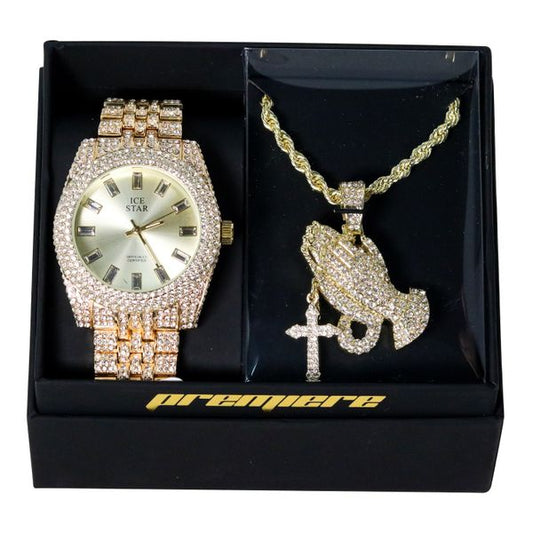 Watch & Praying-Hand Pendant Gift Set - W1K4-103