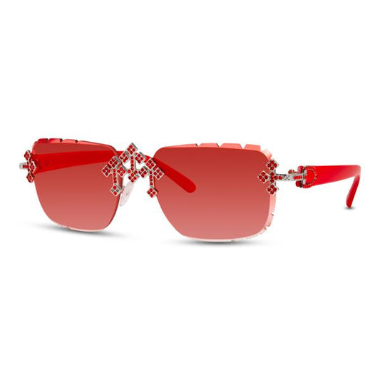 Red sunglasses with decorative elements on a white background