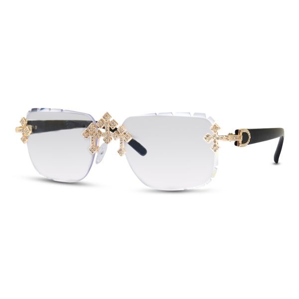 Sunglasses with decorative gold elements on a white background