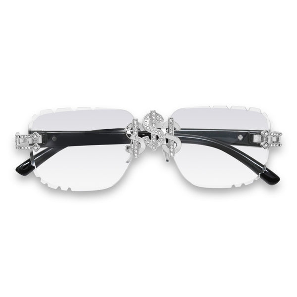 Iced Dollar Sign - Clear Lens Black Temple Sunglasses - ASG-403
