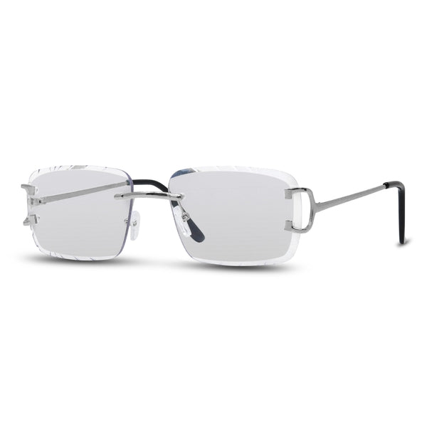Silver-rimmed eyeglasses on a white background