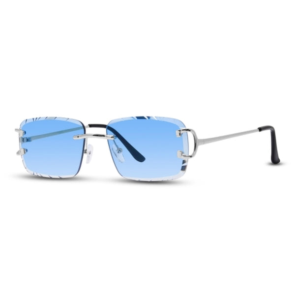 Sunglasses with blue lenses and thin metal frame on a white background