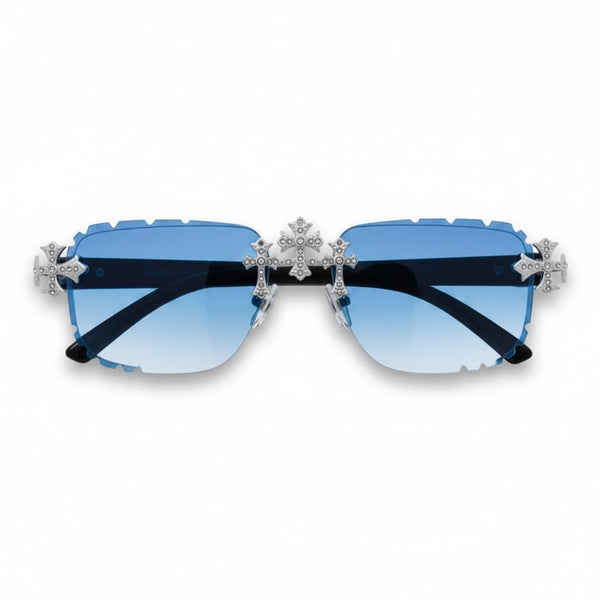 Blue Gradient Lens Black Temple Triple Cross Sunglasses - ASG-134