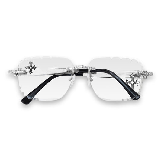 Etched Cross Clear Lens Rimless Sunglasses - ASG-488
