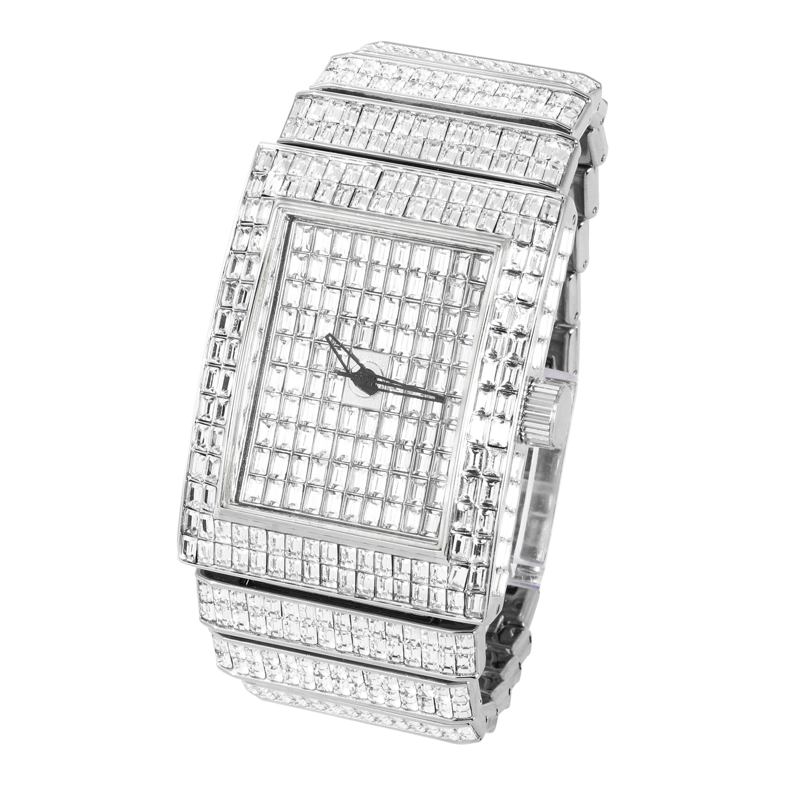 Men's Square Baguette Watch 40mm Silver - Fully Iced Band