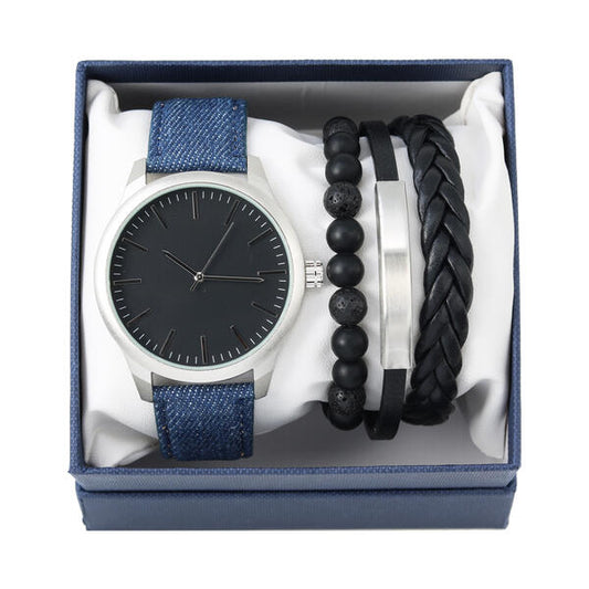 Denim Leather Band Watch and Bracelets Set - W2BR-007