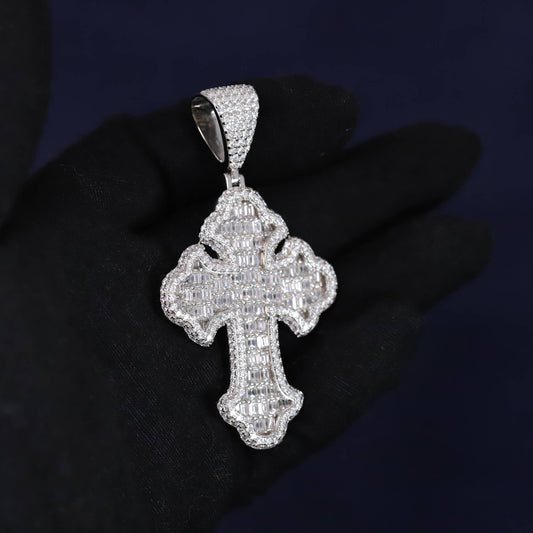 Baguette Iced Out 11.1CT Moissanite Flared Cross Pendant in Premium Sterling Silver