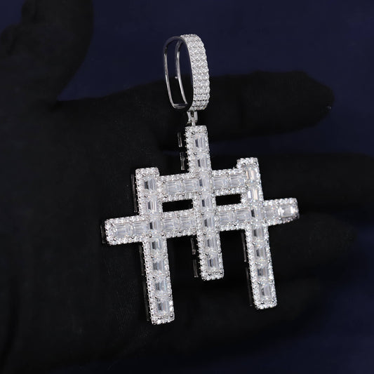 Silver hashtag pendant on a dark background