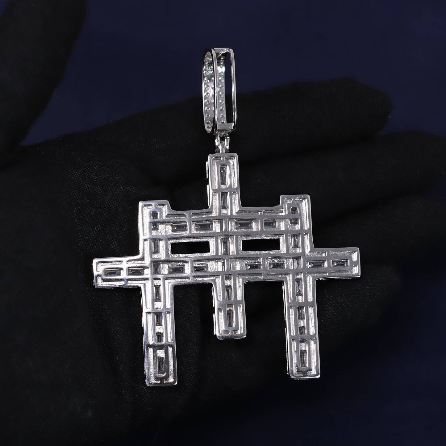 Iced Out 8.91CT Moissanite Baguette Triple Cross Pendant in Premium Sterling Silver
