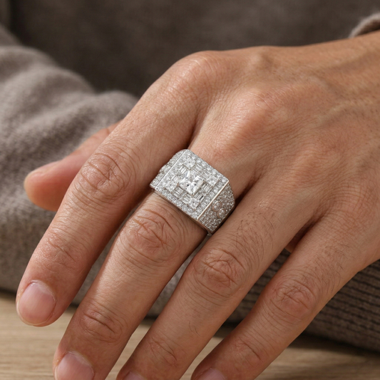 Iced Out 2.64CT Moissanite Rectangular Cluster Signet Ring in Premium Sterling Silver